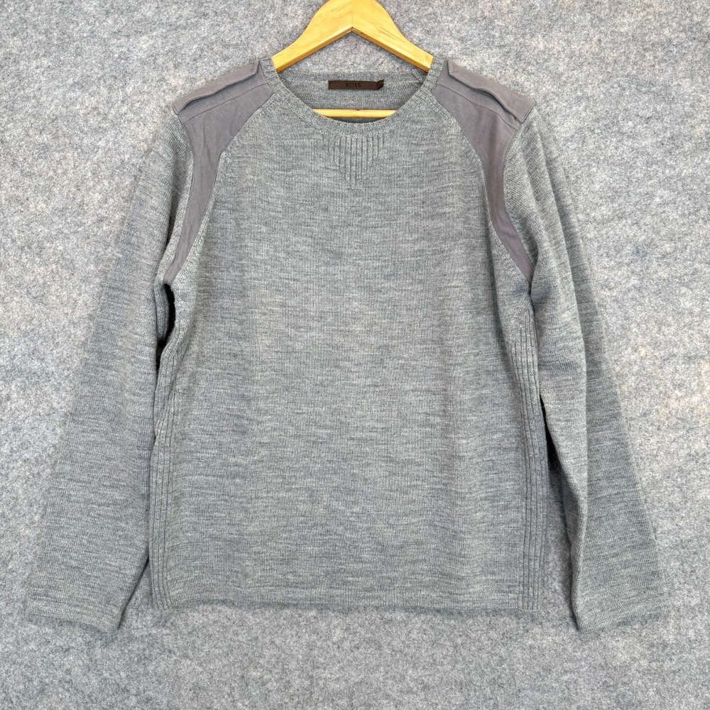 REISS 100% Wool Sweater Mens XL Shoulder Tab Knit‎ Designer Crewneck